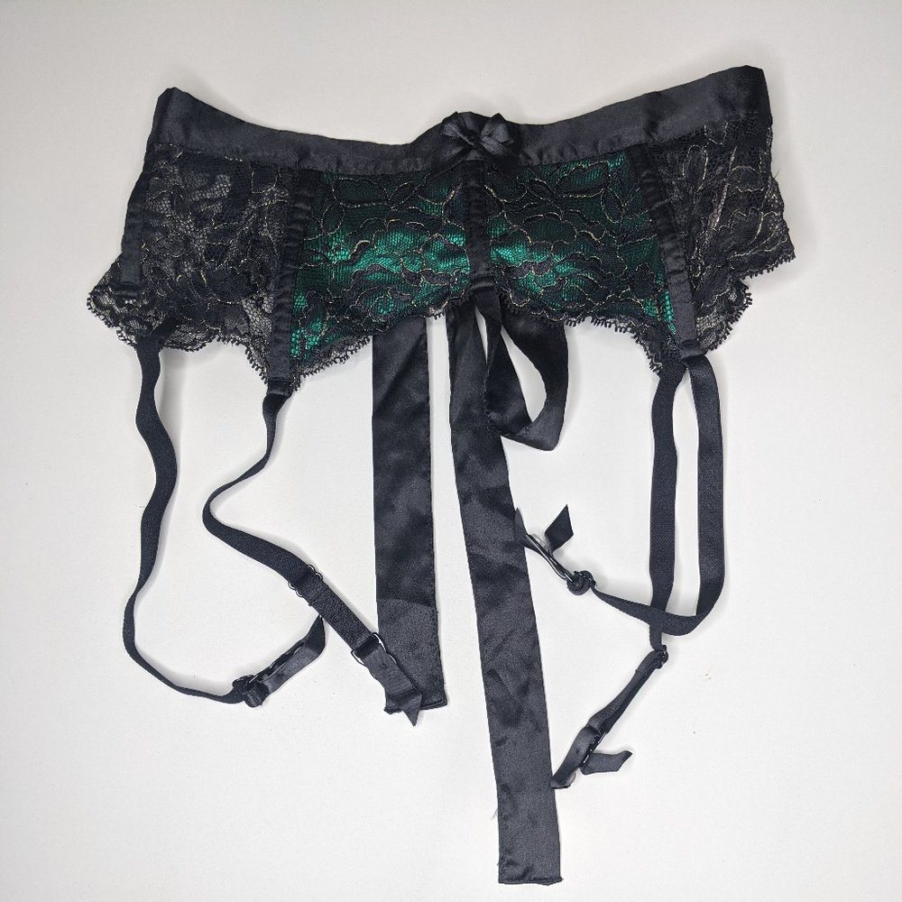 Royal Green Tie Lace Garter Belt Sexy Lingerie Bejeweled (XS) Victoria's Secret